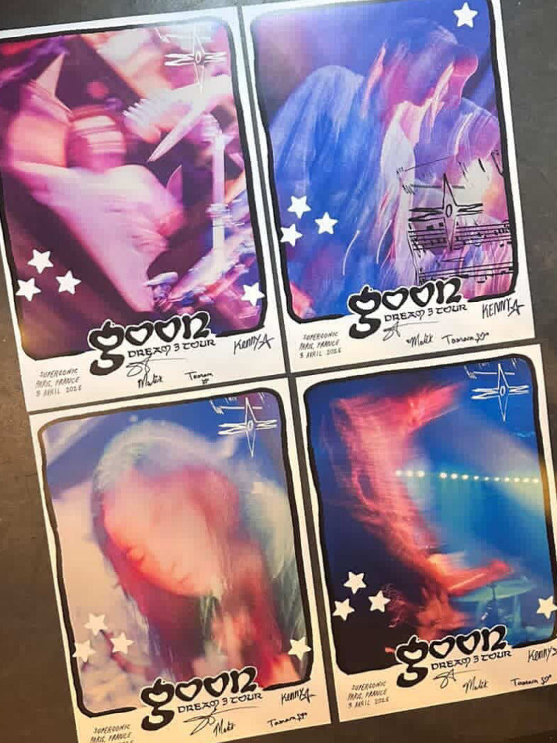 four posters of the band Goon depicting the band members in an abstract style, taken in Paris