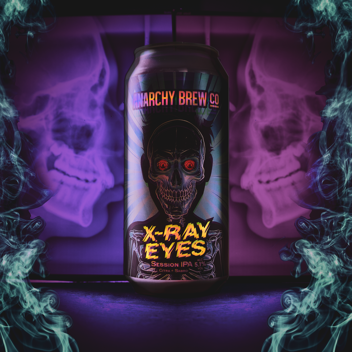 A picture of Anarchy Xray Beer on a pink background with x-ray scans of a human head. The image is bordered with a blue smoke flame