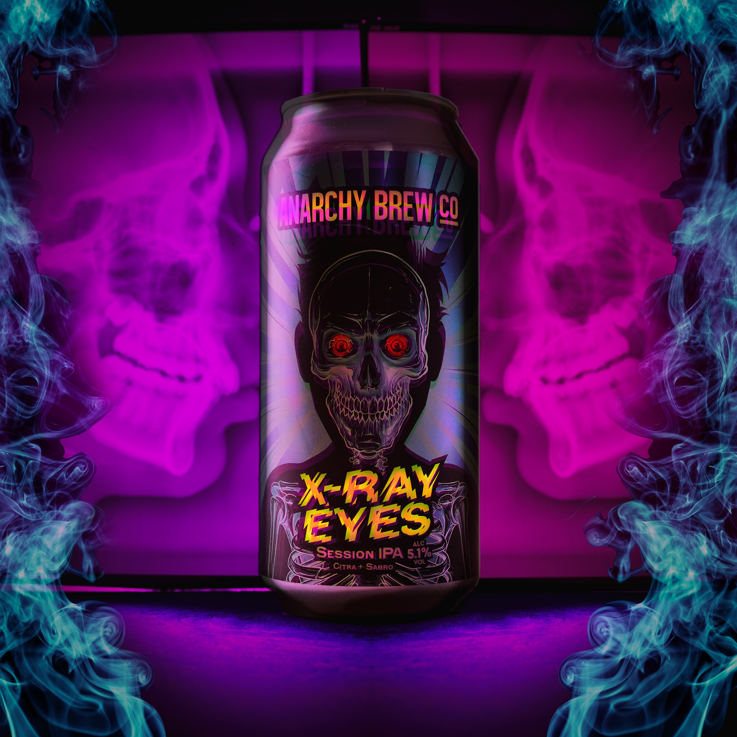 A picture of Anarchy Xray Beer on a pink background with x-ray scans of a human head. The image is bordered with a blue smoke flame